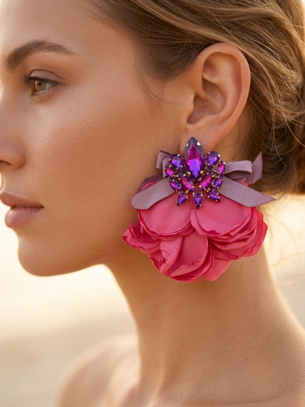 Oversized Pink Floral Statement Earrings with Purple Crystal Accents